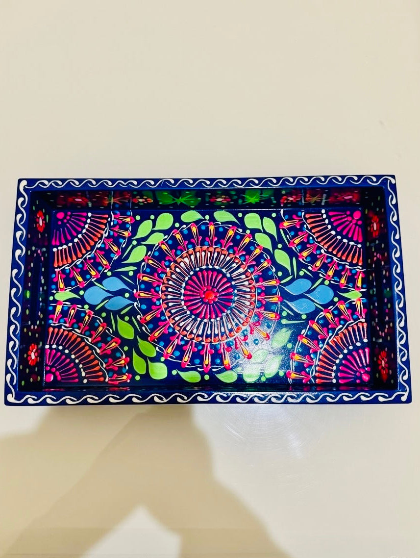 Dark Blue & Red Floral Motif Mini(small) Fine Art Tray 003