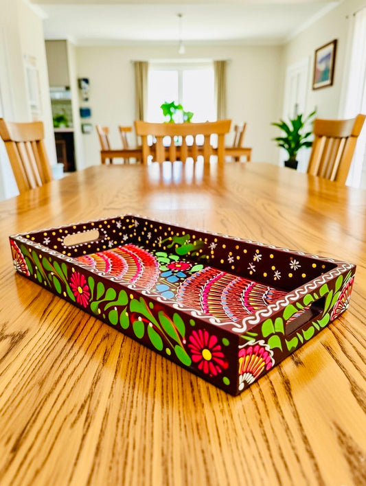 Brown & Red Floral Motif Mini(Small) Fine Art Tray 011