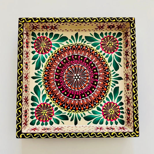 Off White & Red Floral Motif Square Cone Serving Tray 009