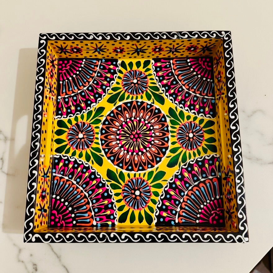 Yellow & Red Floral Motif Square Cone Serving Tray 001