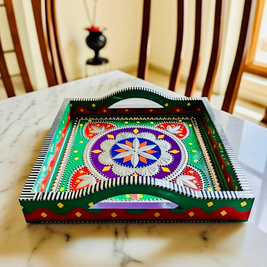 Big Serving Tray with D-Handles – Pakistani Truck Art Inspired 004