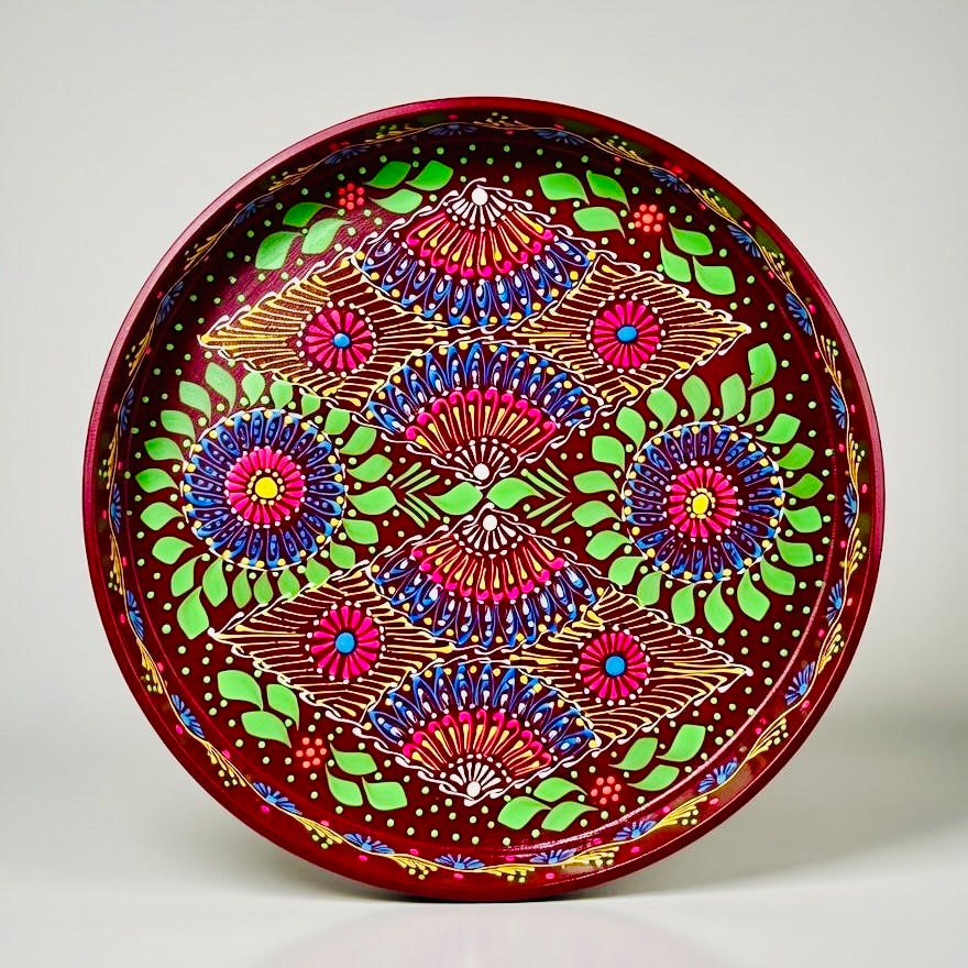 Brown & Blue Floral Motif Round Serving Tray – Handmade Truck Art 010