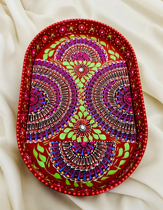 Red & Blue Floral Motif Oval Cone Truck Art Big Tray 002