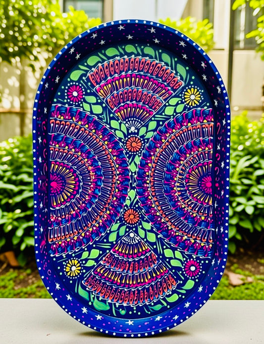 Dark Blue & Red Floral Motif Oval Cone Truck Art Big Tray 003