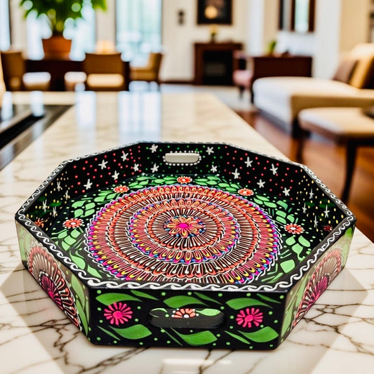 Black & Red Floral Motif Octagonal Cone Serving Tray – Handmade Truck Art 006