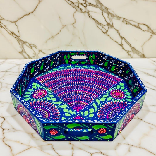 Dark Blue & Red Floral Motif Octagonal Cone Serving Tray – Handmade Truck Art 003