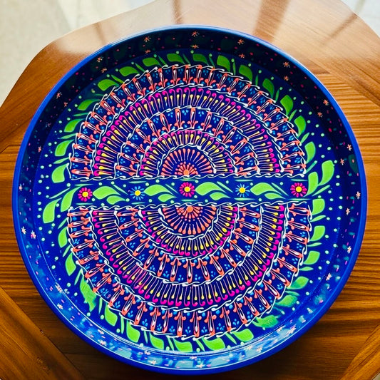 Dark Blue & Red Floral Motif Round Serving Tray – Handmade Truck Art 003