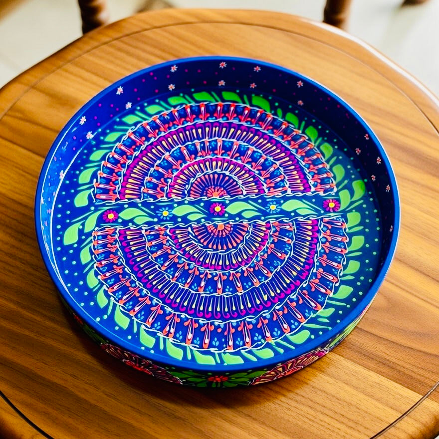 Dark Blue & Red Floral Motif Round Serving Tray – Handmade Truck Art 003