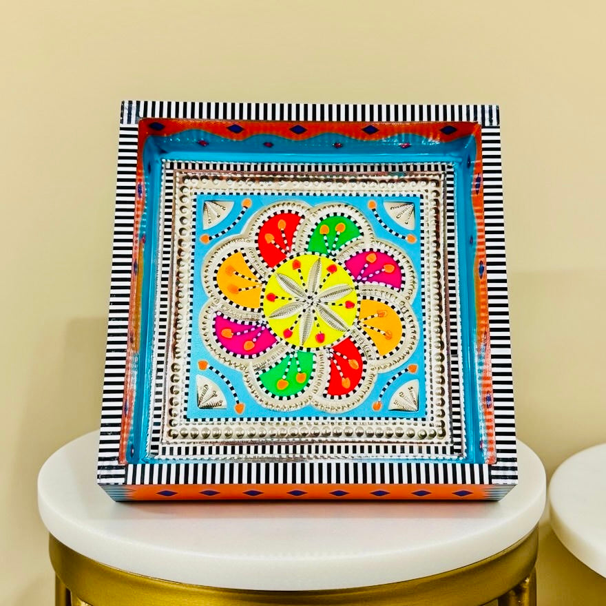 Sky Blue & Flower design Square Cone Truck Art Tray (Chamakpatti) 005