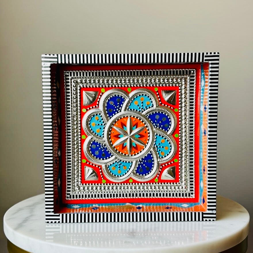 Red & Flower design Square Cone Truck Art Tray (Chamakpatti) 002