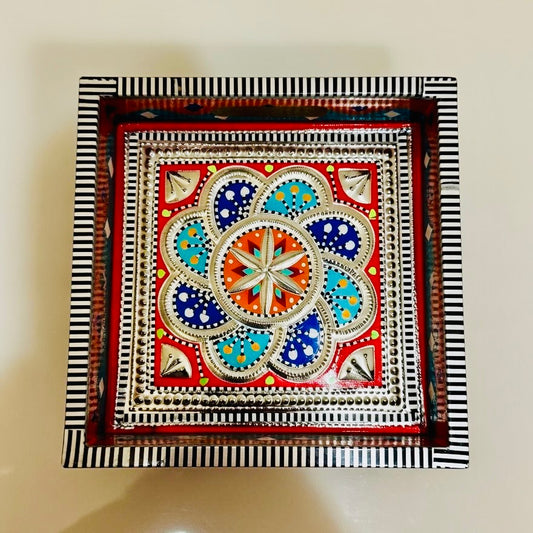 Red & Flower design Square Cone Truck Art Tray (Chamakpatti) 002