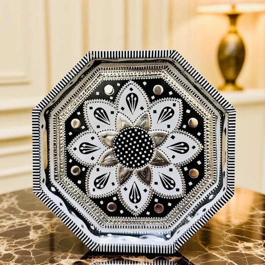 Black & White Flower Motif Octagon Cone Serving Tray (Chamakpatti) 006-008