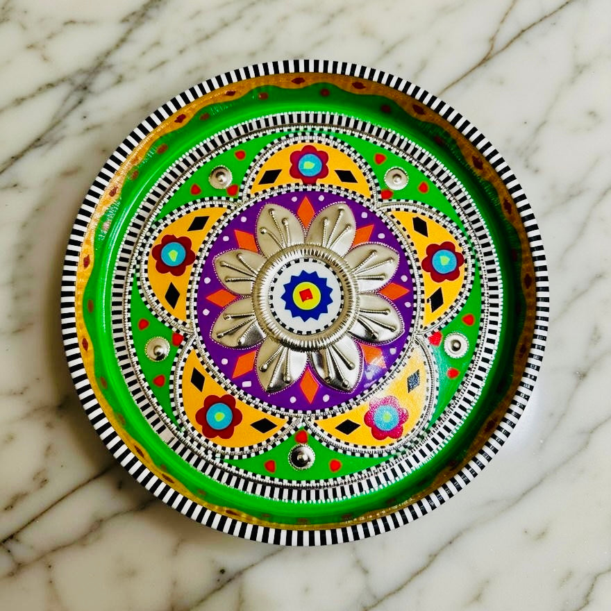 Green,Yellow & Purple Flower Motif Mini(Small) Round Tray 03-01-16