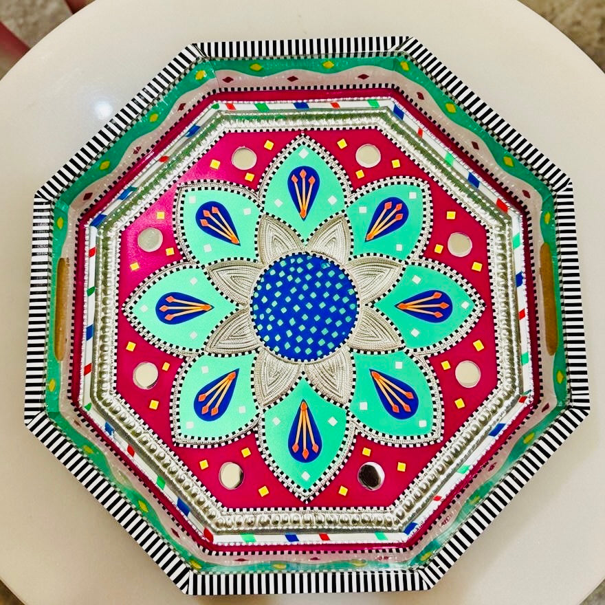Red & Green Flower Motif Octagon Cone Serving Tray (Chamakpatti) 002-007