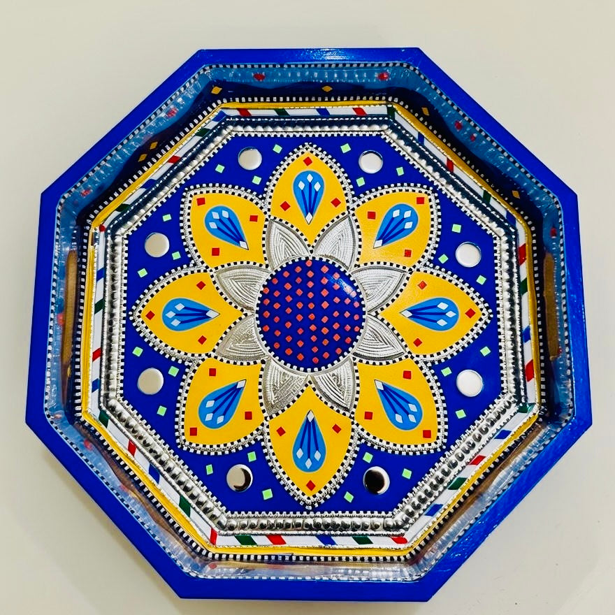 Dark Blue & Yellow Flower Motif Octagon Cone Serving Tray (Chamakpatti) 003