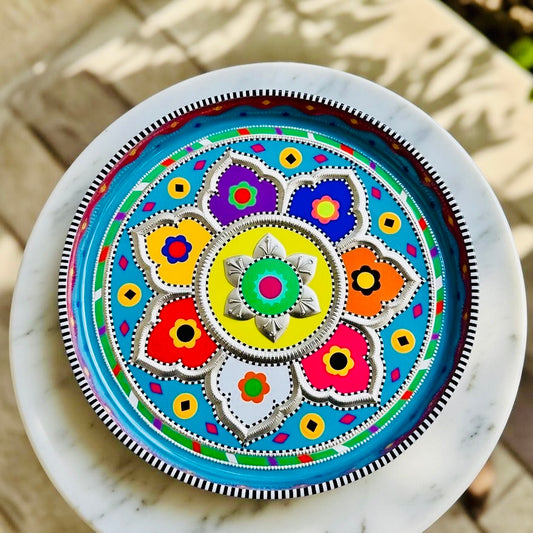 Sky Blue & Multicolor Round Medium Tray (Chamakpatti) 005-00
