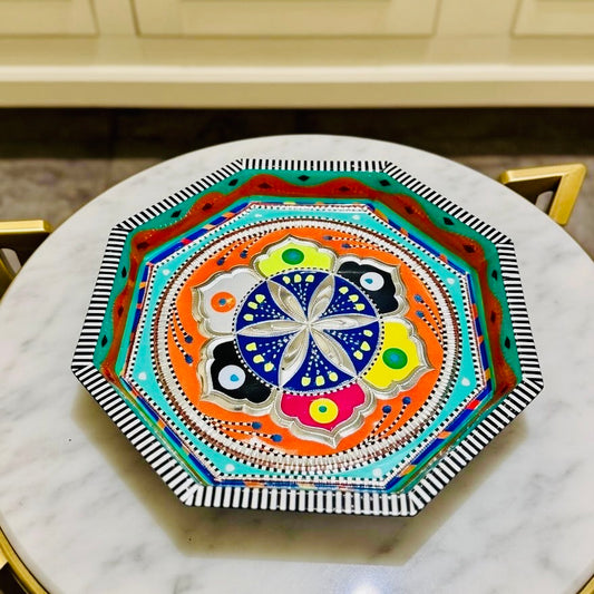 Green & Multicolor Flower Motif Octagon Cone Serving Tray (Chamakpatti) 004-00