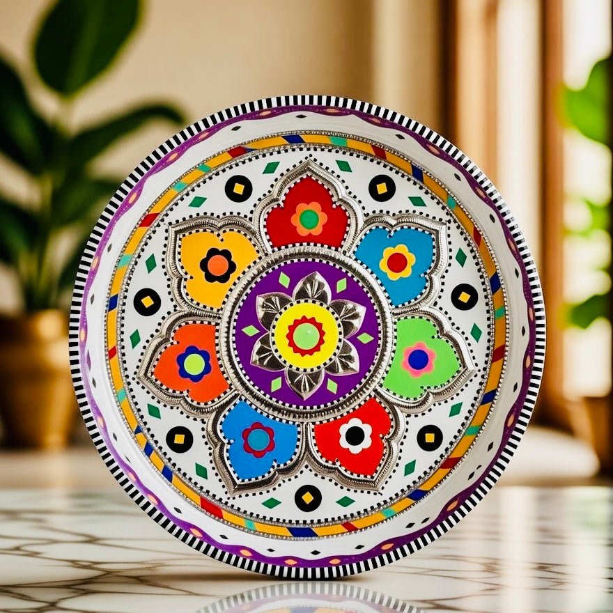 White & Multicolor Flower Round Medium Tray (Chamakpatti) 008-00