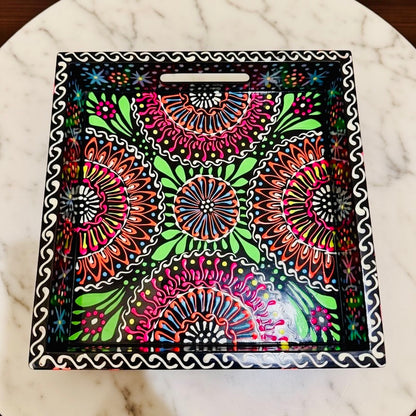 Black & Red Floral Motif Square Cone Serving Tray D02-006