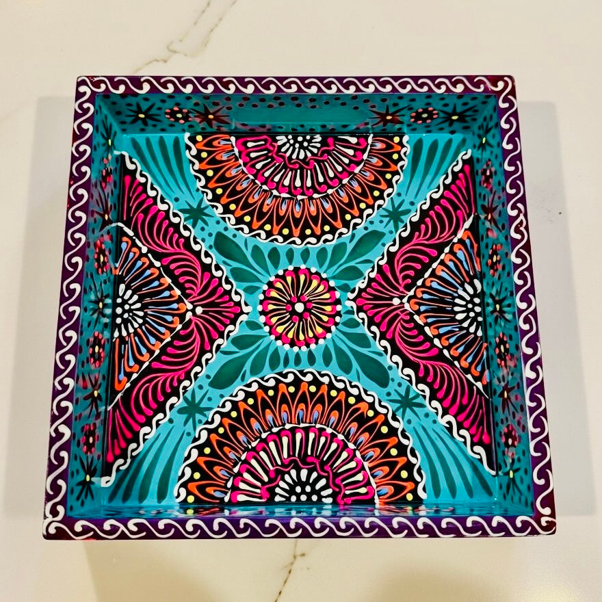 Sky Blue & Red Floral Motif Square Cone Serving Tray D02-005