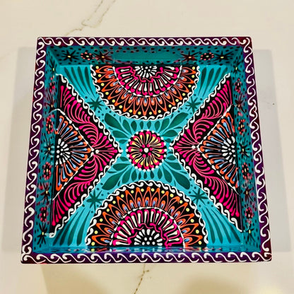 Sky Blue & Red Floral Motif Square Cone Serving Tray D02-005