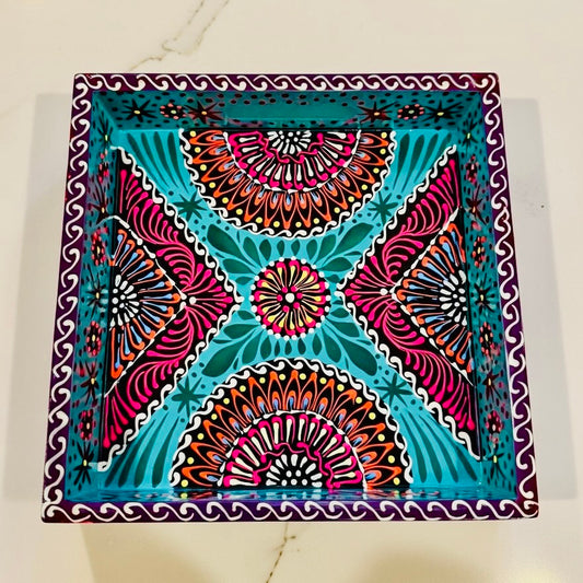 Sky Blue & Red Floral Motif Square Cone Serving Tray D02-005