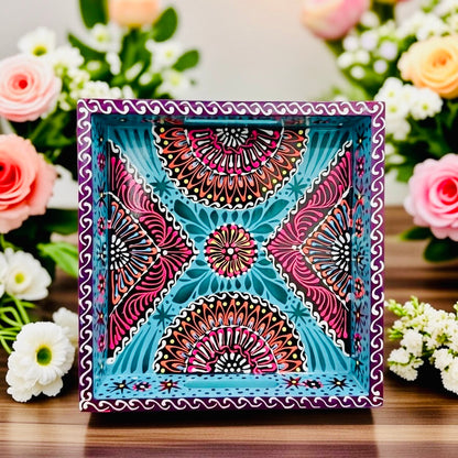 Sky Blue & Red Floral Motif Square Cone Serving Tray D02-005