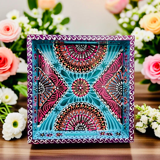 Sky Blue & Red Floral Motif Square Cone Serving Tray D02-005