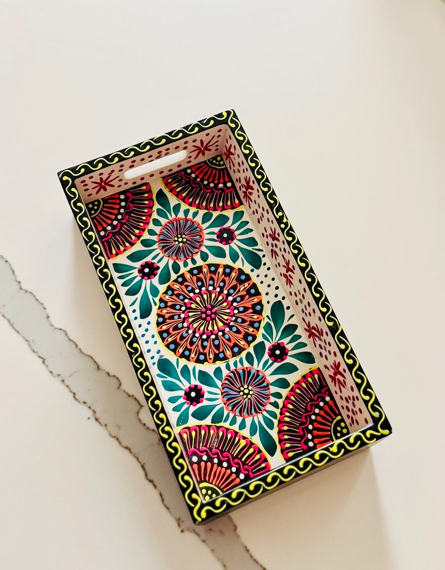 Off white & Red Floral Motif Mini(small) Fine Art Tray 009