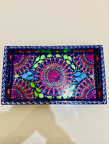 Dark Blue & Red Floral Motif Mini(small) Fine Art Tray 003