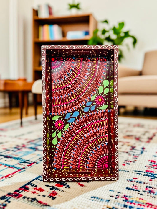 Brown & Red Floral Motif Mini(Small) Fine Art Tray 011