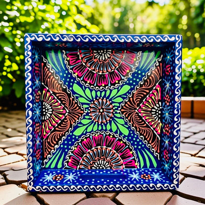 Dark Blue & Red Floral Motif Square Cone Serving Tray 003