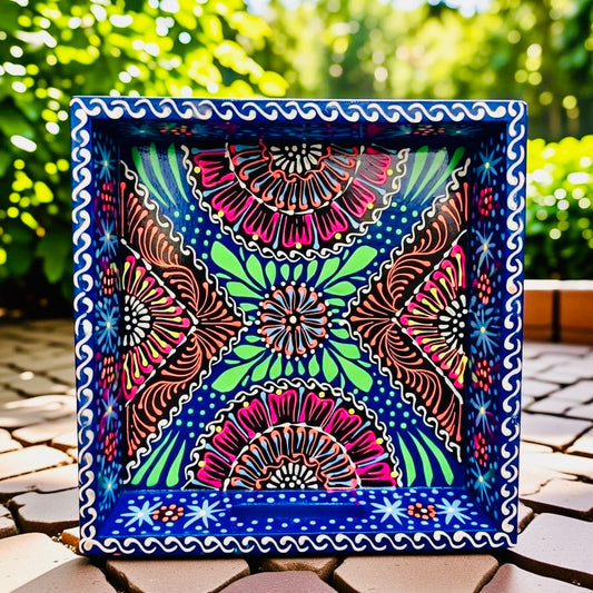 Dark Blue & Red Floral Motif Square Cone Serving Tray 003