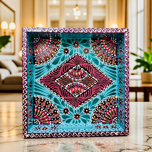 Sky Blue & Red Diamond Square Cone Serving Tray D01-005