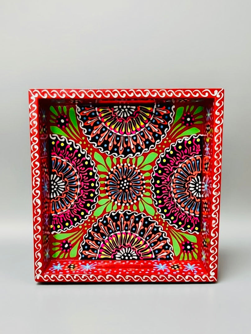 Red & Floral Motif Square Cone Serving Tray 002