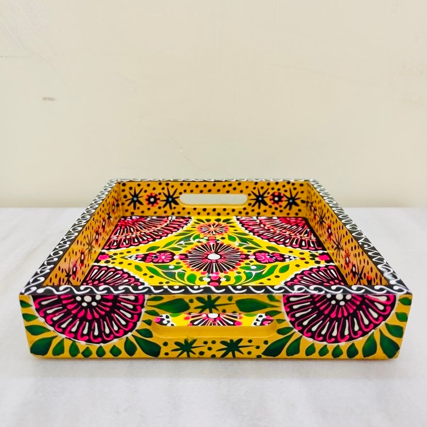 Yellow & Red Floral Motif Square Cone Serving Tray 001