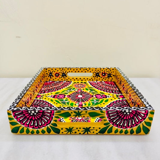 Yellow & Red Floral Motif Square Cone Serving Tray 001