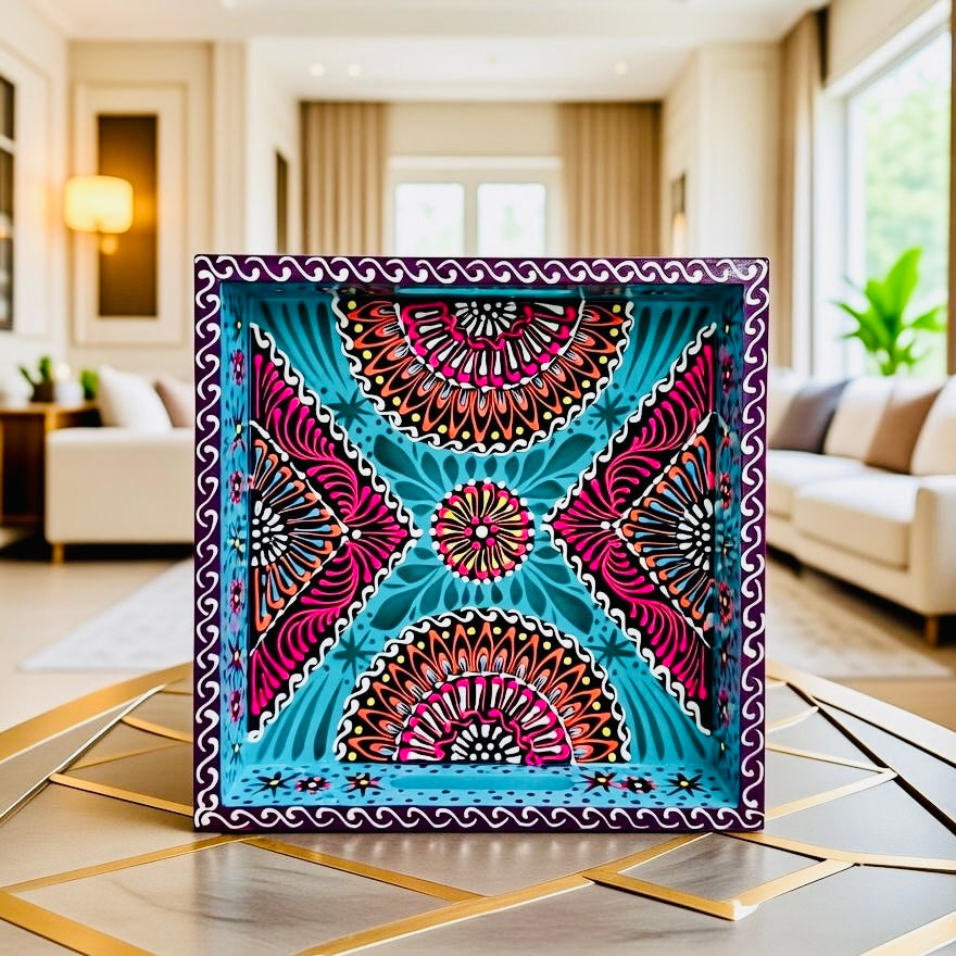 Sky Blue & Red Floral Motif Square Cone Serving Tray D02-005