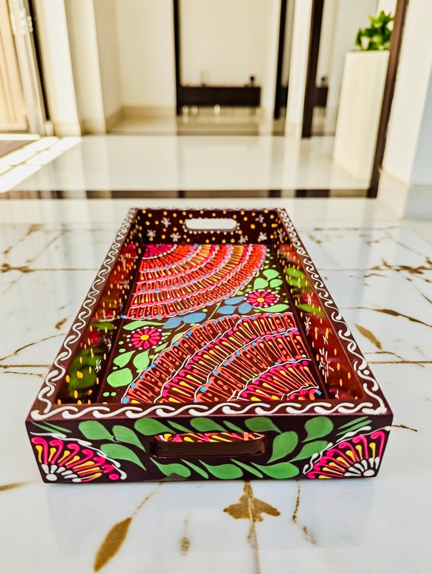 Brown & Red Floral Motif Mini(Small) Fine Art Tray 011