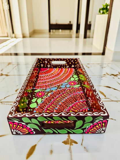 Brown & Red Floral Motif Mini(Small) Fine Art Tray 011