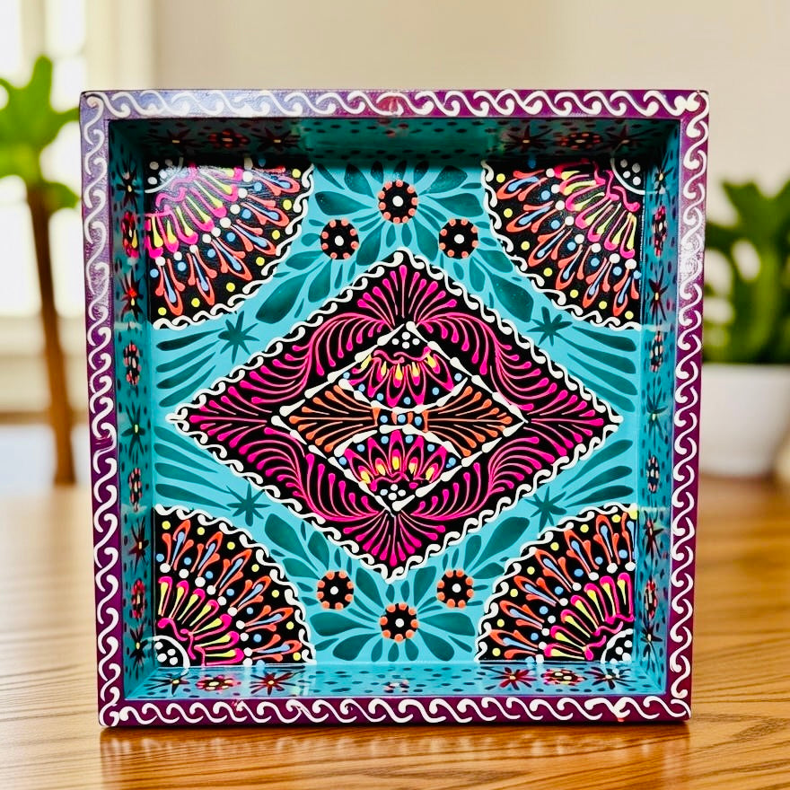 Sky Blue & Red Diamond Square Cone Serving Tray D01-005