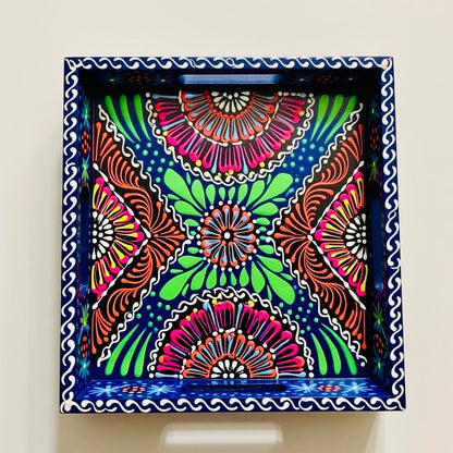 Dark Blue & Red Floral Motif Square Cone Serving Tray 003