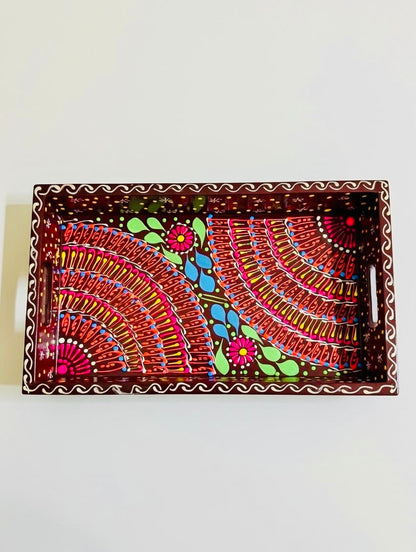 Brown & Red Floral Motif Mini(Small) Fine Art Tray 011
