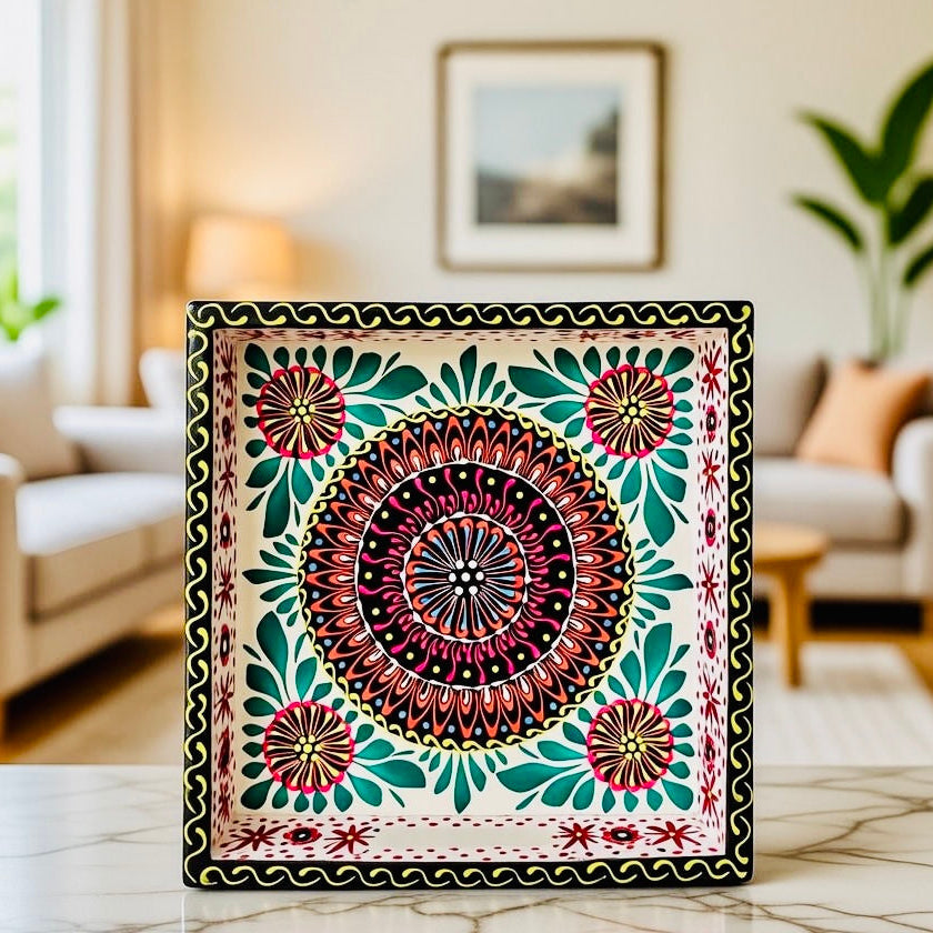 Off White & Red Floral Motif Square Cone Serving Tray 009