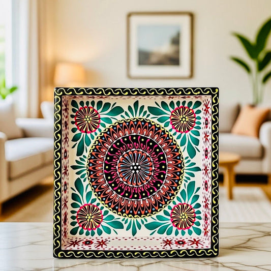 Off White & Red Floral Motif Square Cone Serving Tray 009