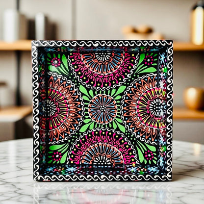 Black & Red Floral Motif Square Cone Serving Tray D02-006