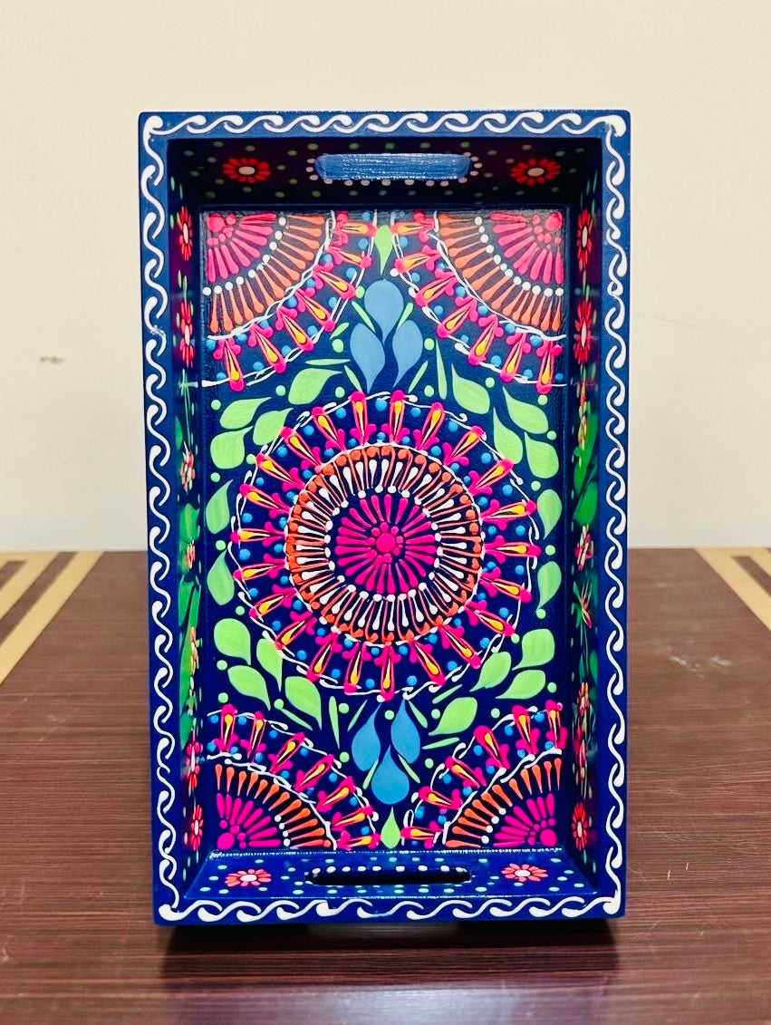 Dark Blue & Red Floral Motif Mini(small) Fine Art Tray 003