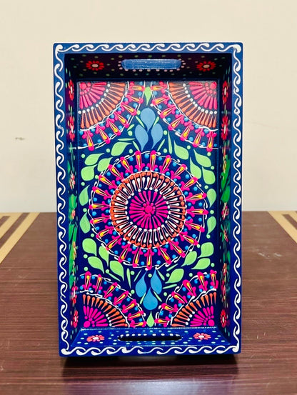 Dark Blue & Red Floral Motif Mini(small) Fine Art Tray 003