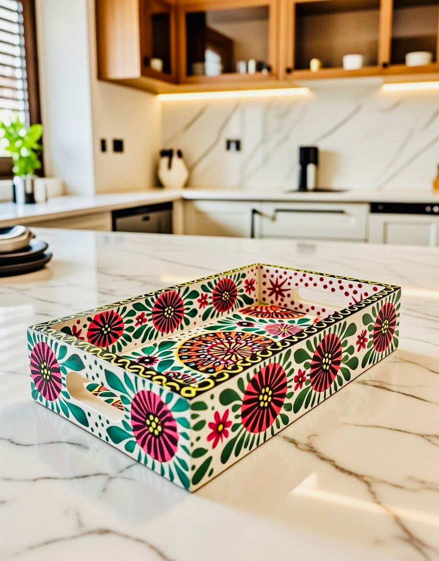 Off white & Red Floral Motif Mini(small) Fine Art Tray 009