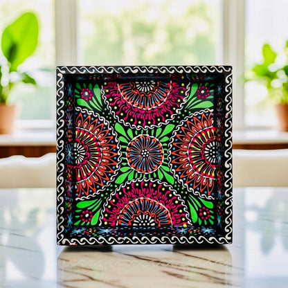 Black & Red Floral Motif Square Cone Serving Tray D02-006